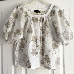 Karen Kane White Botanical Print Button Front Blouse Short Puff Sleeve Size M